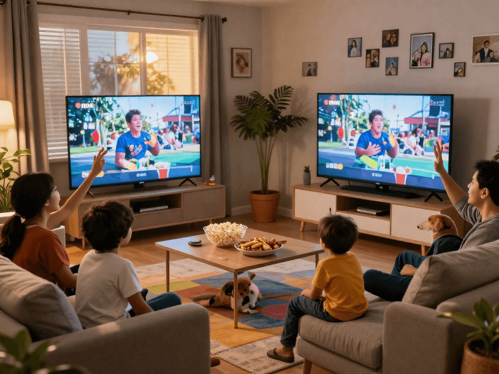 Family enjoying Iron TV together in a cozy living room with warm light.