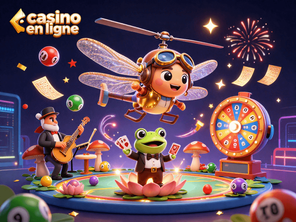 Jouez au casino en ligne avec des cartes, des musiciens et des ballons colorés.