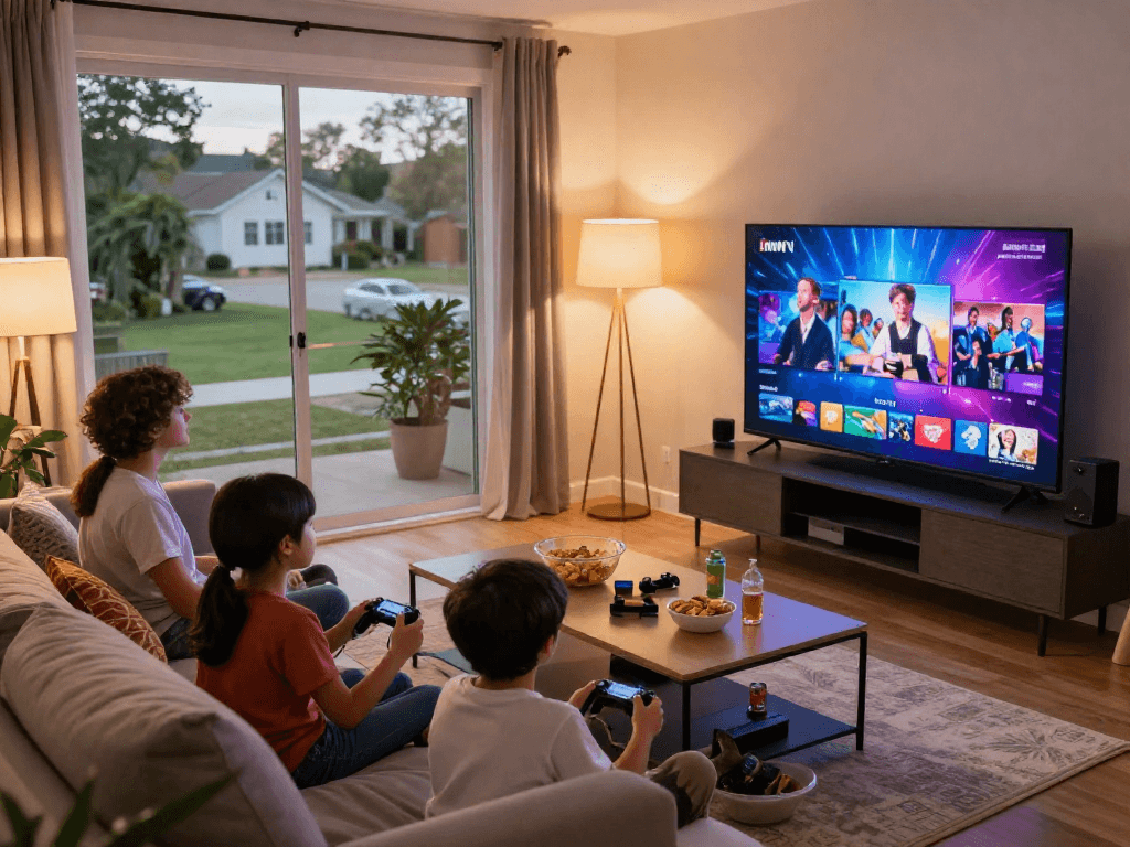 Scène de divertissement à domicile avec une famille regardant Iron TV.