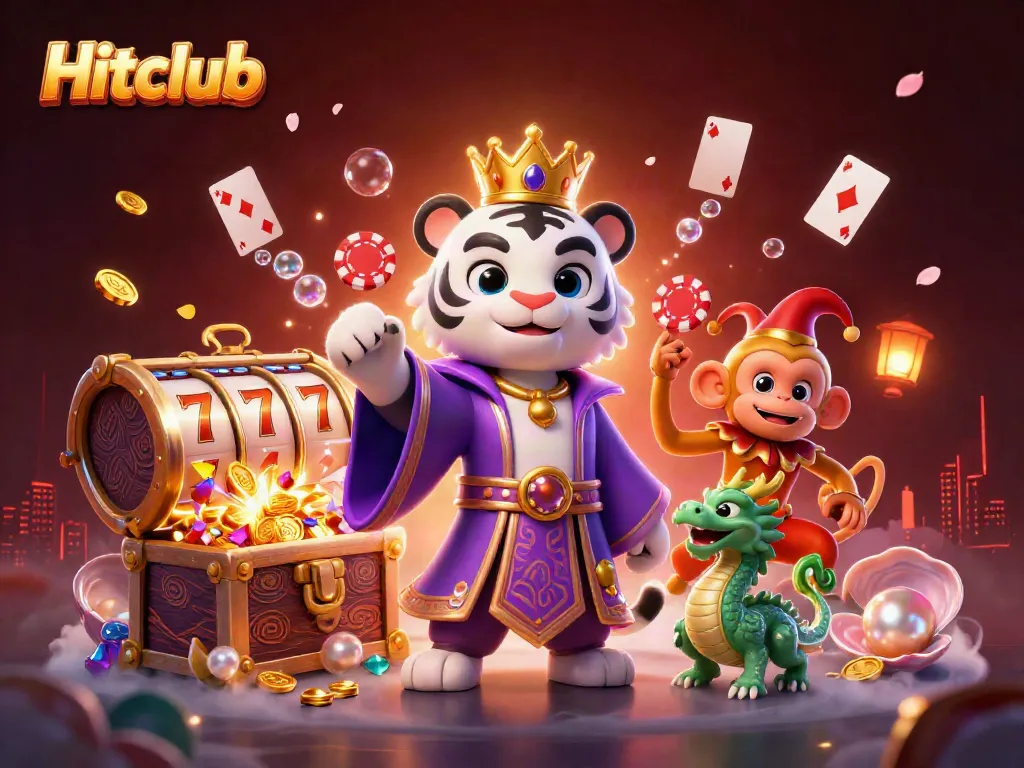 Experience the excitement of Hitclub with a vibrant 3D illustration showcasing a royal tiger, jester monkey, and jade dragon among winning slots.