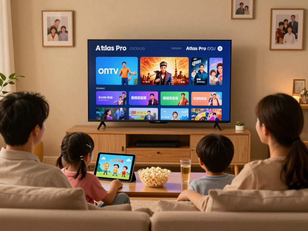 Une famille enthousiaste utilisant l'application atlas pro ONTV sur leur Smart TV dans un salon accueillant.