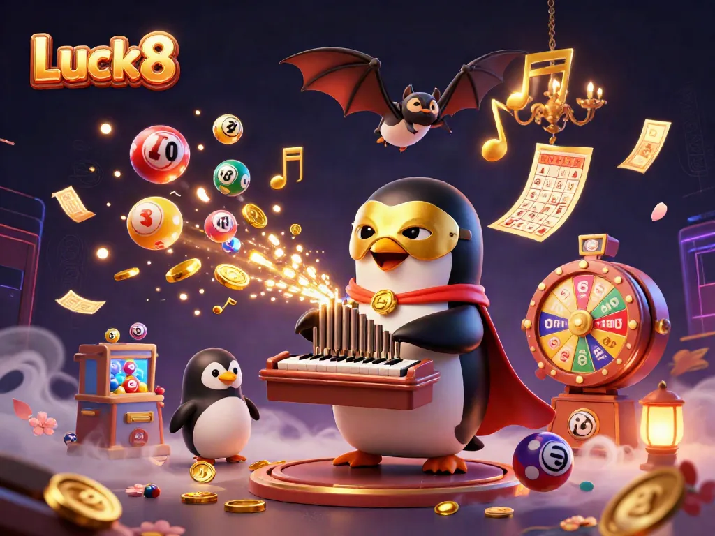 Experience excitement with Luck8 as a penguin organist unleashes golden coins amidst vibrant gambling elements.