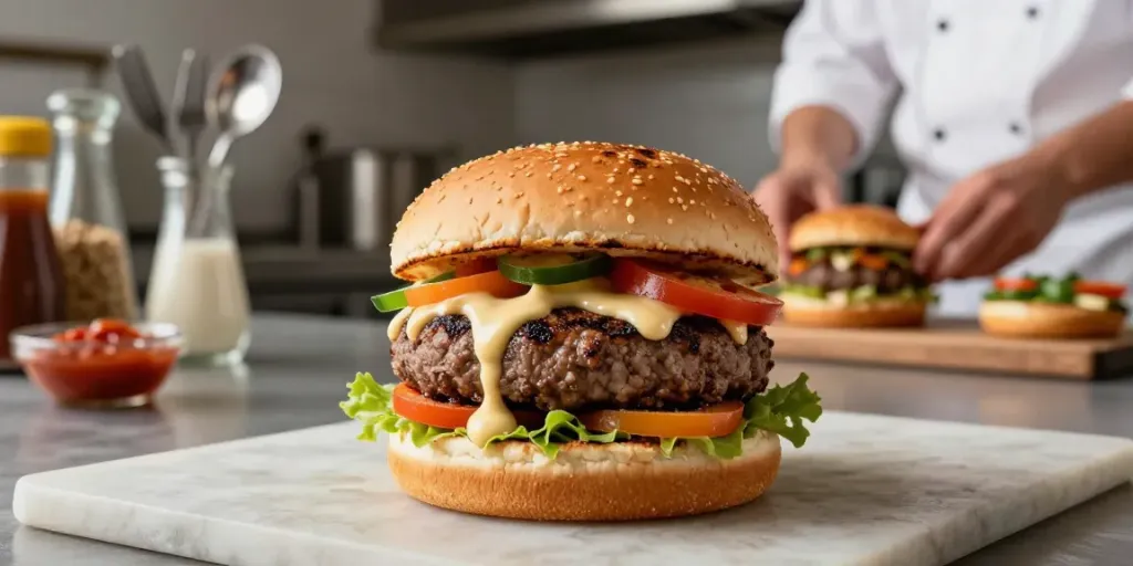Hamburger halal préparé avec des ingrédients de qualité dans un restaurant moderne, illustrant l'expérience culinaire exceptionnelle.