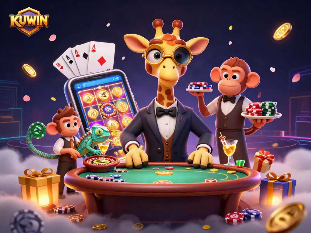 KUWIN's high-roller giraffe at a VIP poker table, surrounded by vibrant casino games and atmosphere.