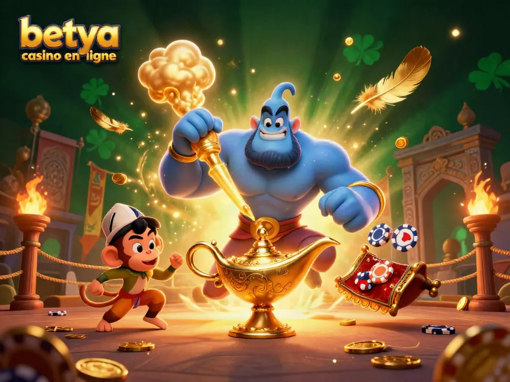 Experience the thrill of betya casino en ligne with a magical genie, monkey, and poker chips.