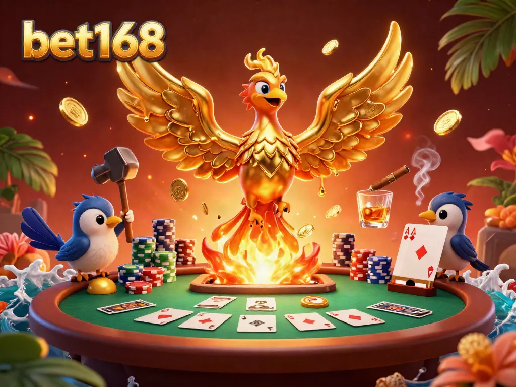 Experience the thrill of betting with bet168's vibrant casino scene featuring molten gold phoenix and poker elements.