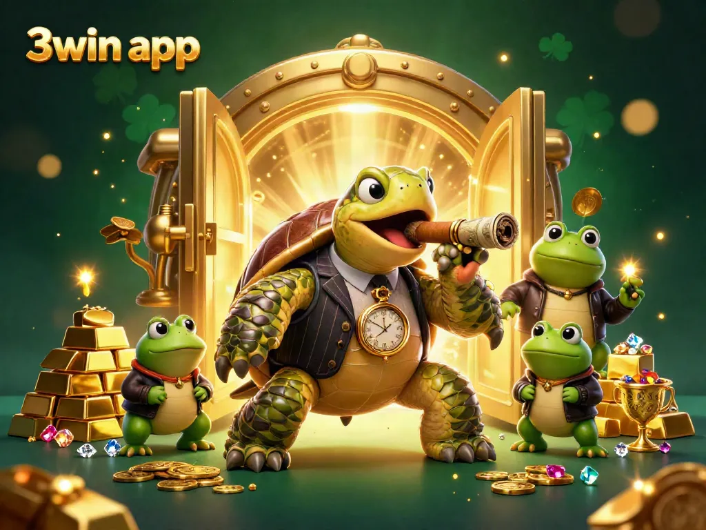 Engage with the exciting 3win app featuring a cartoon turtle and bullfrog enforcers in a vibrant casino setting.