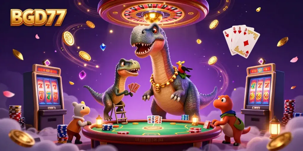 Experience the excitement at BGD77 with an ultra-detailed casino illustration showcasing a giant brontosaurus and raptor dealer.