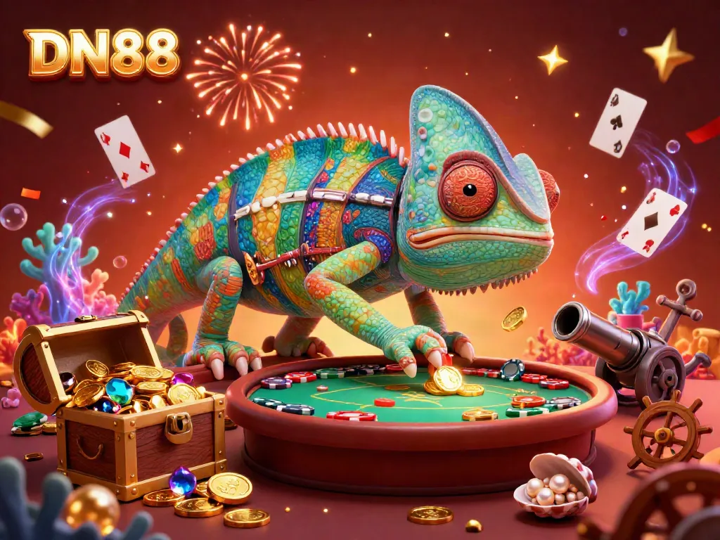 Experience the vibrant action of DN88 with a colorful chameleon casino owner, dynamic gaming elements, and festive celebrations.
