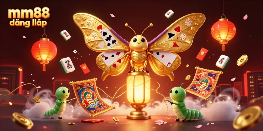 Engage with mm88 đăng nhập in a dynamic casino scene featuring an animated atlas moth and glowing lanterns.