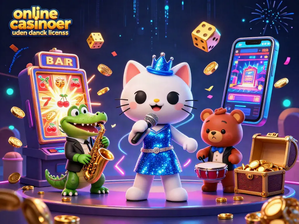 Experience online casinoer uden dansk licens with a dynamic jazz-themed casino scene featuring engaging characters.
