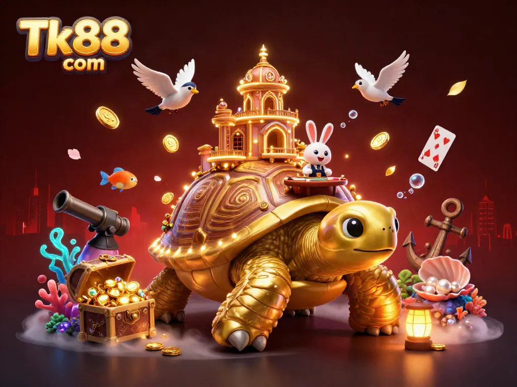 Experience the excitement of Tk88 com with a vibrant 3D casino scene full of dazzling characters and elements.