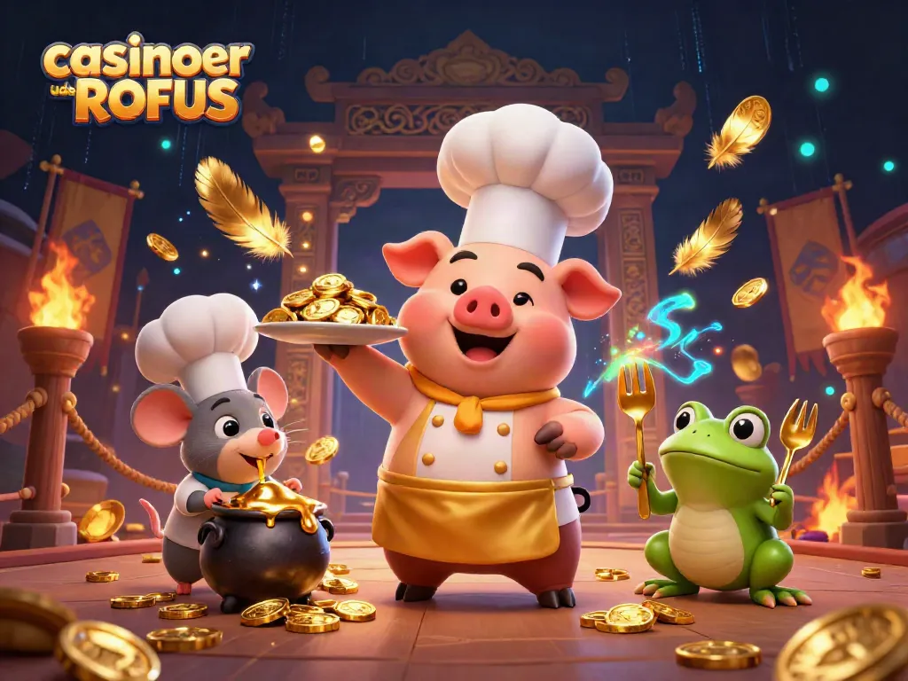 Engage in casinoer uden ROFUS with a vibrant scene of a chef pig, sous-chef mouse, and critic frog.
