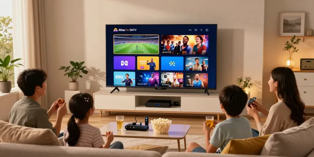 Scène de divertissement à domicile avec atlas pro ontv, famille profitant de la télévision intelligente.