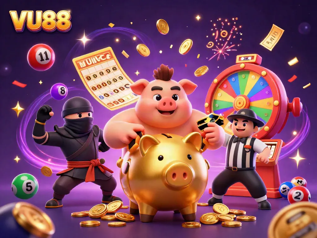 Experience excitement at VU88 with a colossal golden piggy bank sumo wrestler amidst a swirling casino extravaganza.