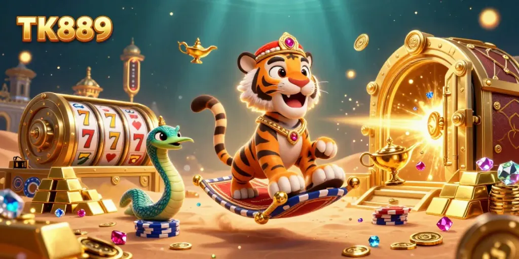 Engage in thrilling gameplay at TK889 with a vibrant casino-themed illustration featuring dynamic characters and immersive elements.