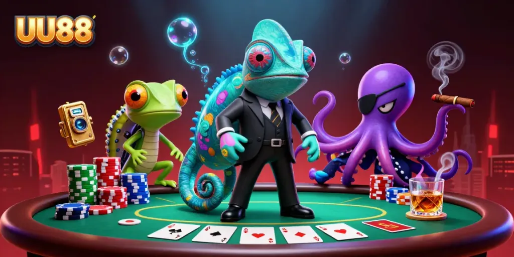 UU88 chameleon and gecko characters playing poker with vibrant casino elements, showcasing an exciting gambling atmosphere.