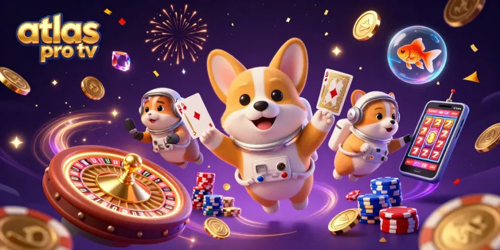 Jouez à atlas pro tv et découvrez une expérience immersive avec des pièces d'or flottantes et des cartes à jouer.