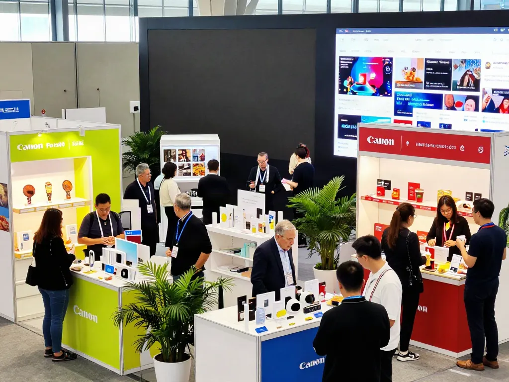 Exposants engaging with attendees at a vibrant trade show featuring diverse booths.