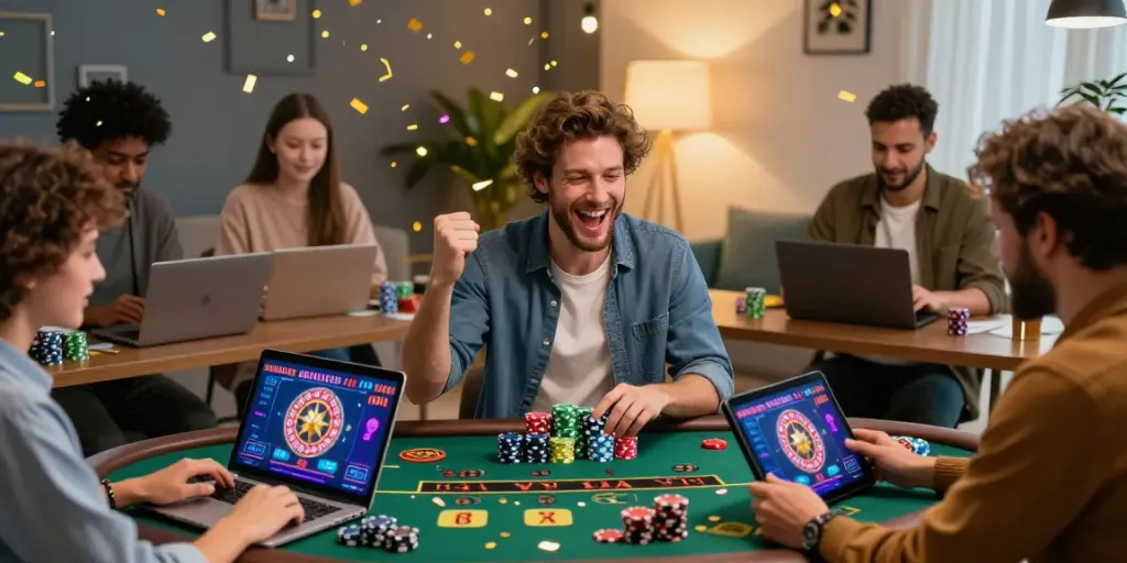 Groupe de joueurs célébrant une victoire sur un casino en ligne sans dépôt avec ordinateurs portables et jeux colorés.
