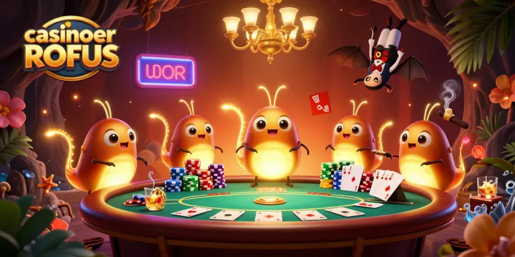 Engage with casinoer uden ROFUS at a vibrant cave casino with glowing characters and rich poker elements.