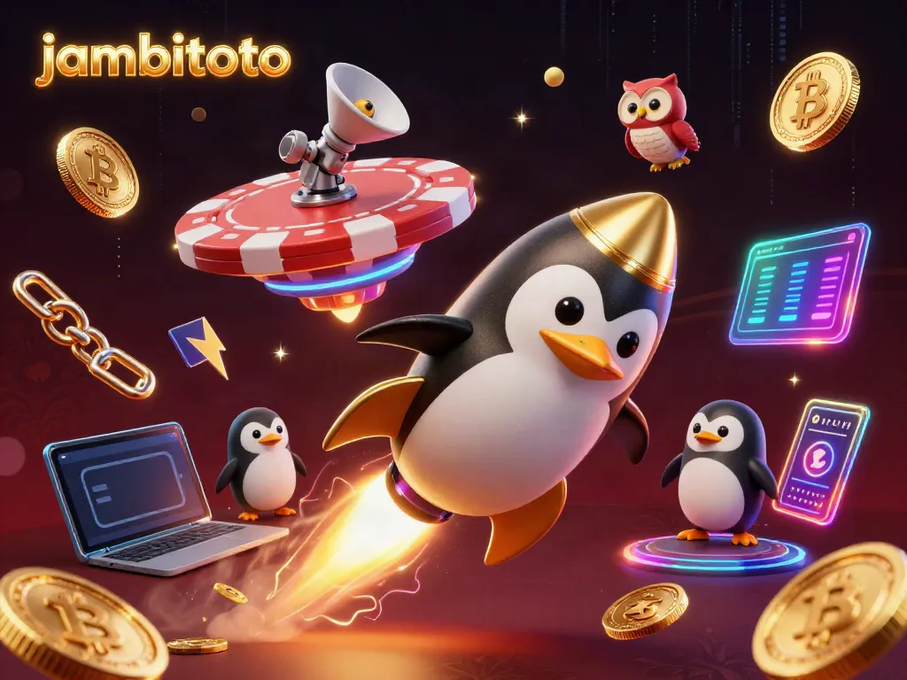 Experience exciting games at jambitoto with a rocket-powered penguin and glowing crypto coins.