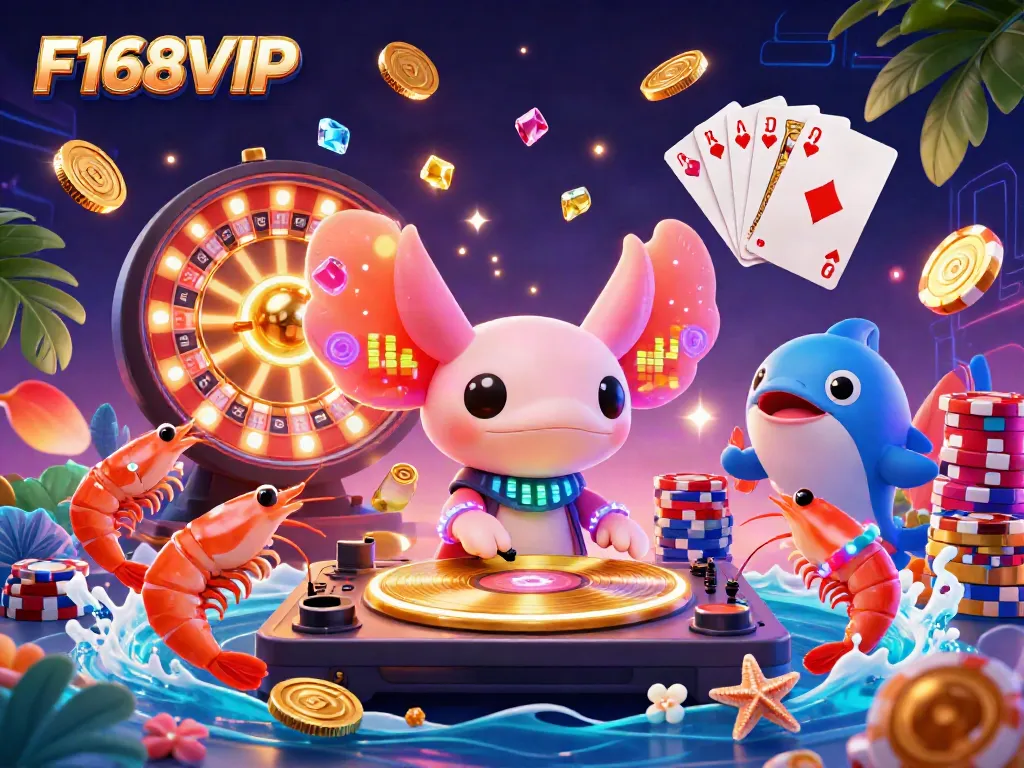 Experience vibrant gaming energy with F168VIP featuring a neon axolotl DJ and lively sea creatures.