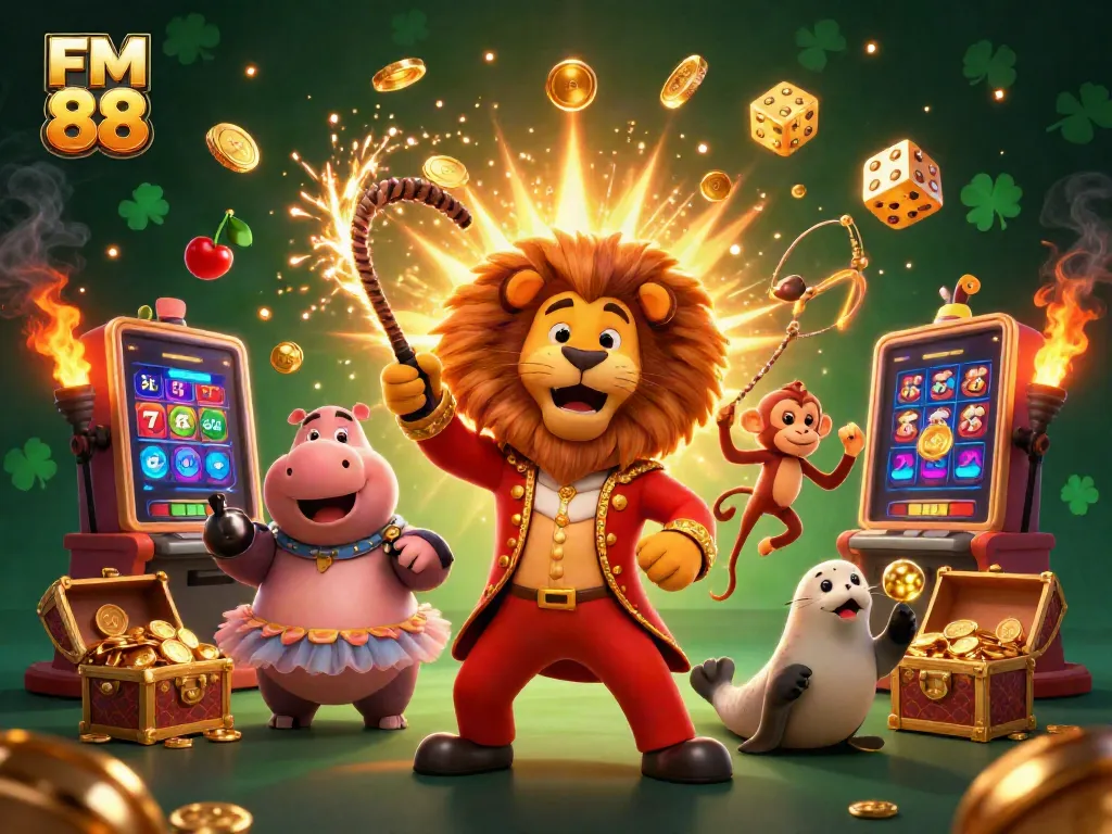 Experience the excitement of FM 88 with this vibrant casino-themed illustration filled with dynamic characters and game elements.