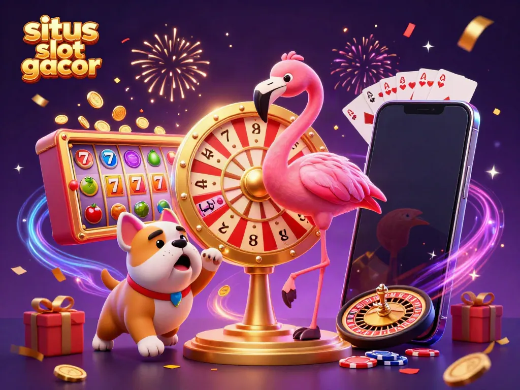 Experience the excitement of situs slot gacor with vibrant characters spinning the prize wheel amidst casino treasures.