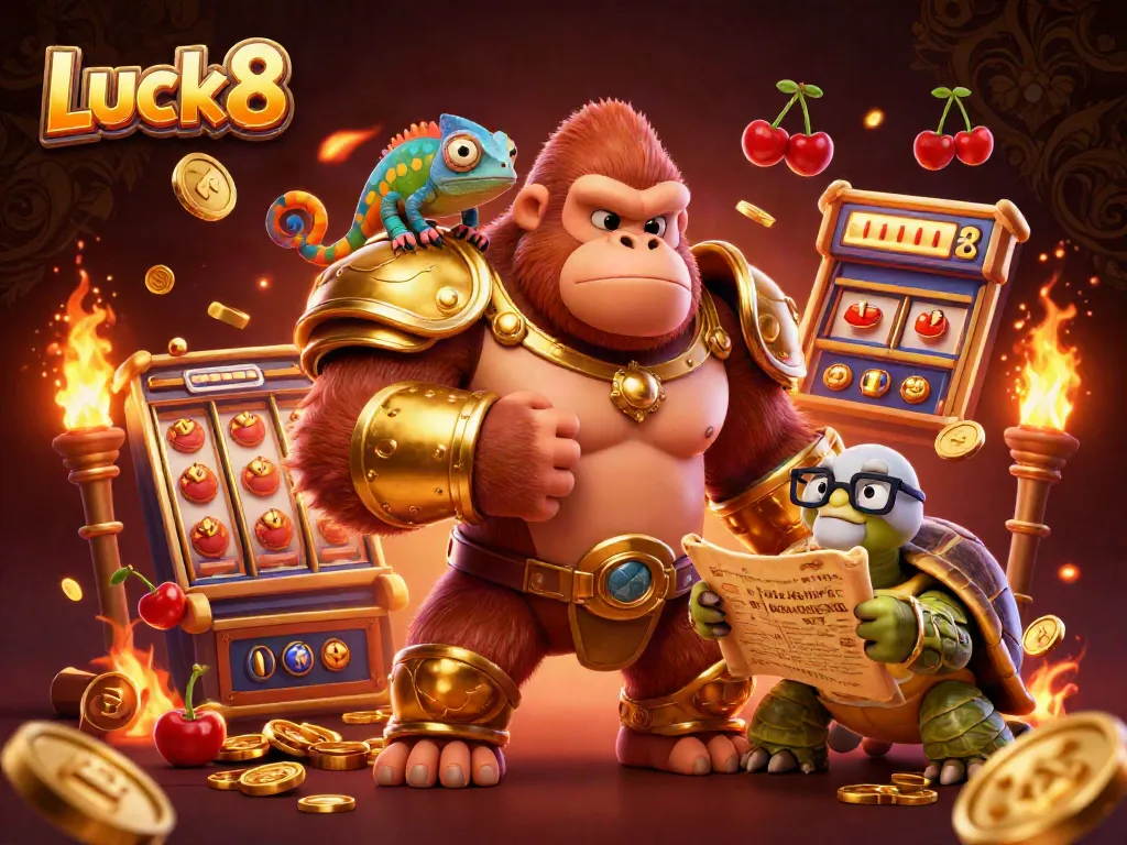 Luck8 showcases exciting slots and vibrant characters in a dynamic casino atmosphere, promoting engaging play.