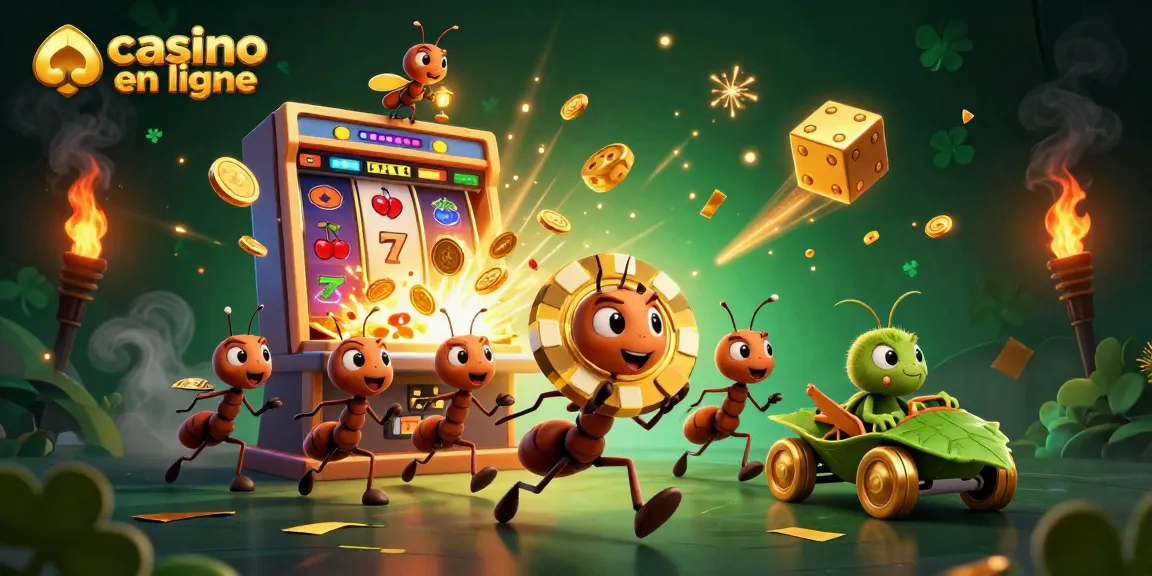 Équipe d'ants transportant une puce de poker en or dans un tunnel, illustrant le casino en ligne