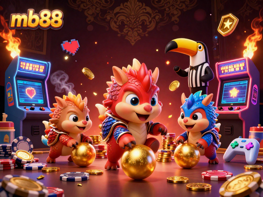Experience thrilling games at mb88 with dynamic pangolins bowling through poker chips in a vibrant casino scene.