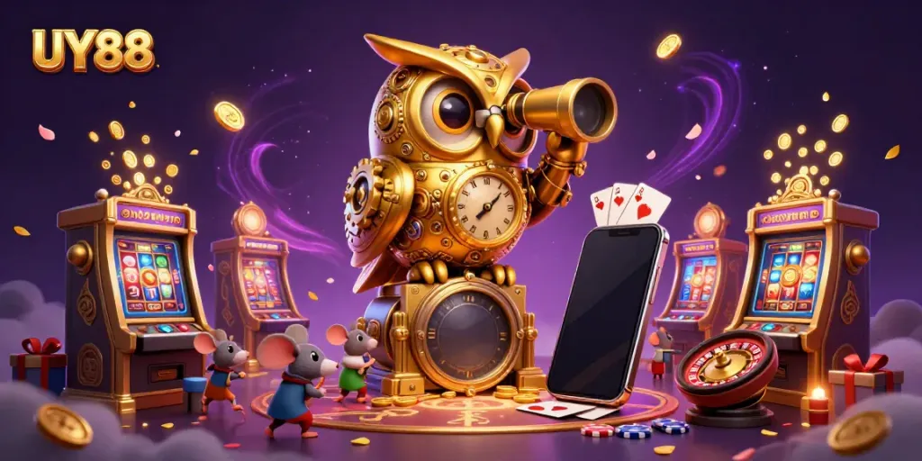 Engage with UY88's vibrant casino scene featuring a golden owl and thrilling gaming elements.