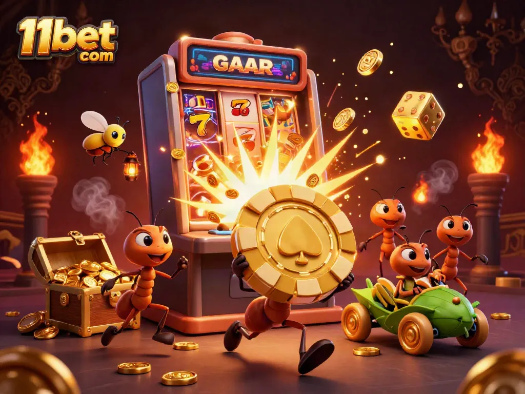Experience the thrill of a heist in 11bet com's illustrated casino world, featuring cartoon ants and explosive jackpots.