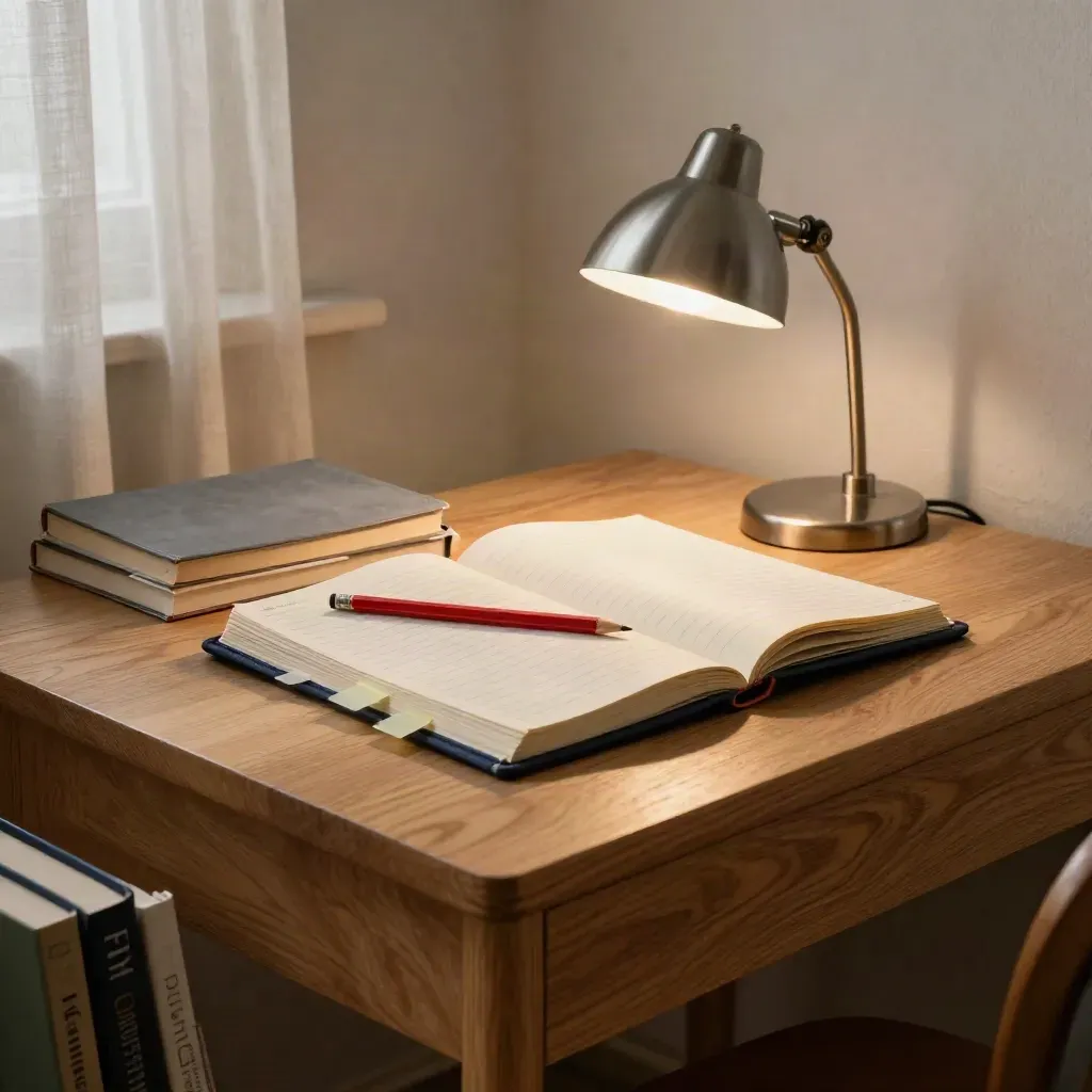 Coin de pratique du français avec bureau en chêne, cahiers, crayon rouge et lampe de lecture.