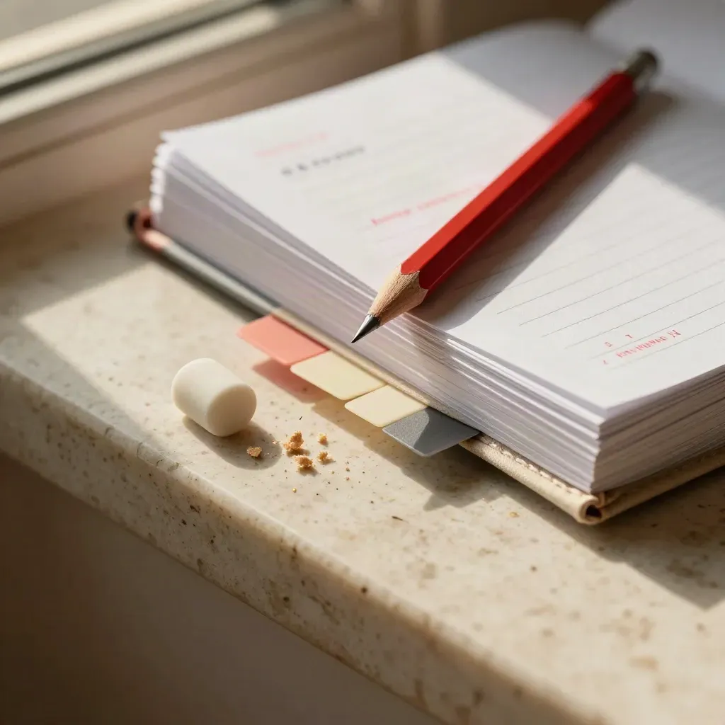 Station de correction de grammaire avec crayon rouge, onglets et pages reliées.