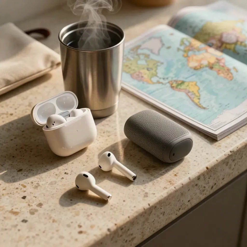 Kit de conversation anglaise avec écouteurs, mini-haut-parleur, mug et carte du monde, en mouvement.