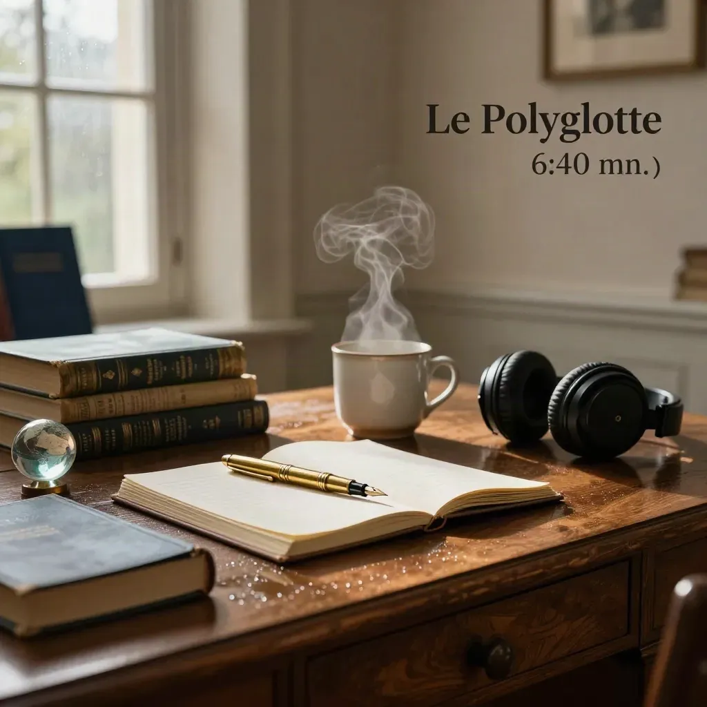 Bureau d’étude au lever du jour, dictionnaires fermés, mug fumant, casque et globe sous une lumière douce.