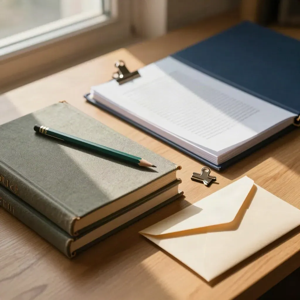 Bureau de traduction avec dictionnaires fermés, crayon vert, pages relues et enveloppes prêtes à partir.