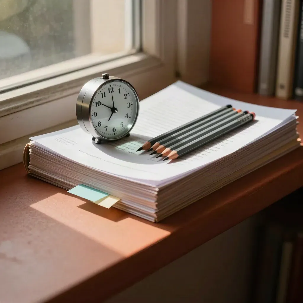 Vue en plongée d’un kit de révision d’examen avec minuteur, crayons et copies rangées.