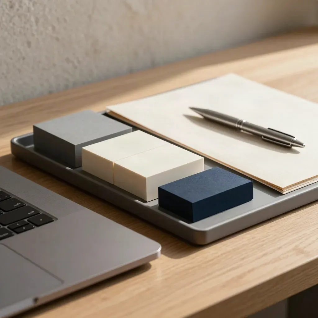Bureau client soigné avec ordinateur fermé, bacs de courrier et dossier de correspondance.