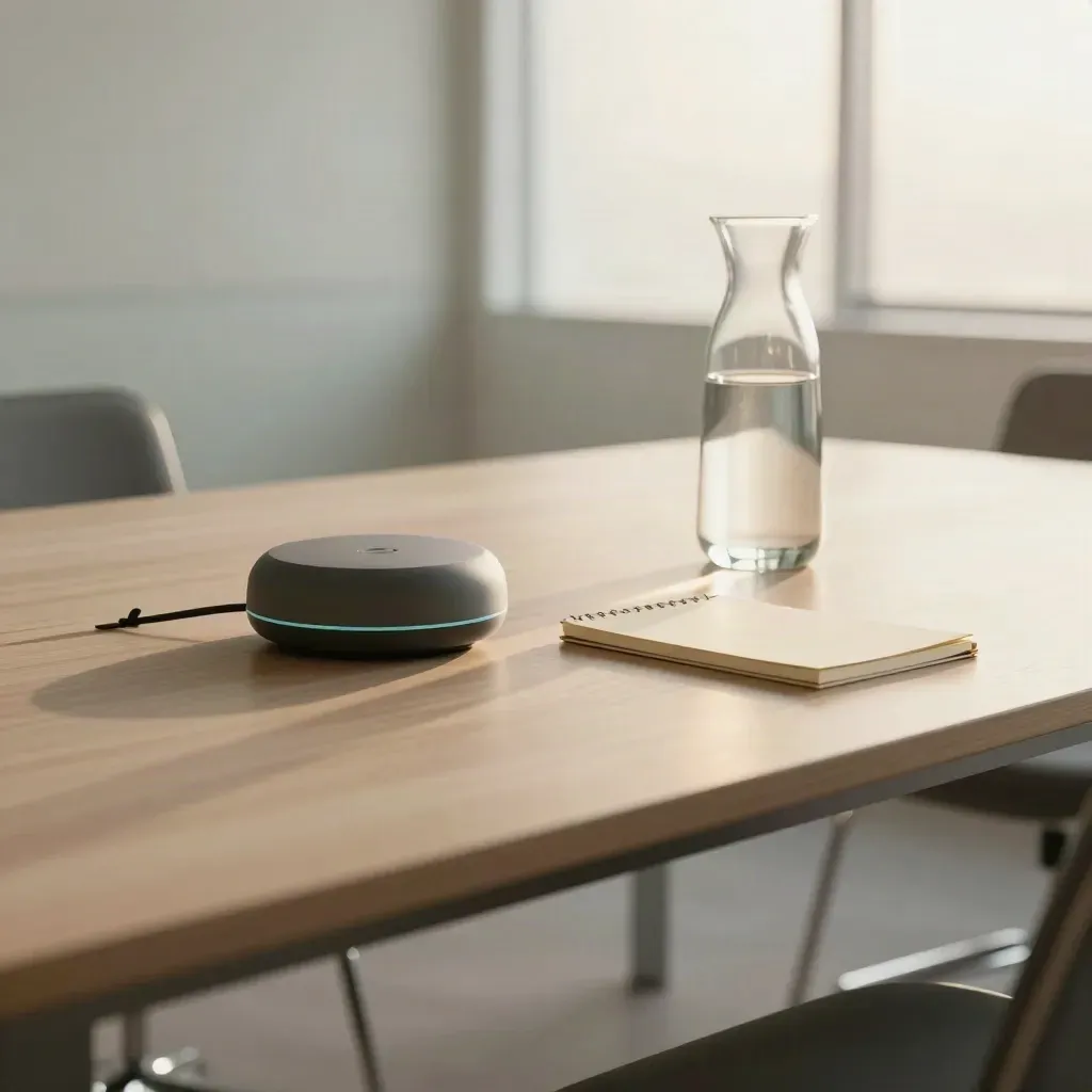 Réunion vide avec haut-parleur, carafe d’eau et carnet fermé sur une table claire