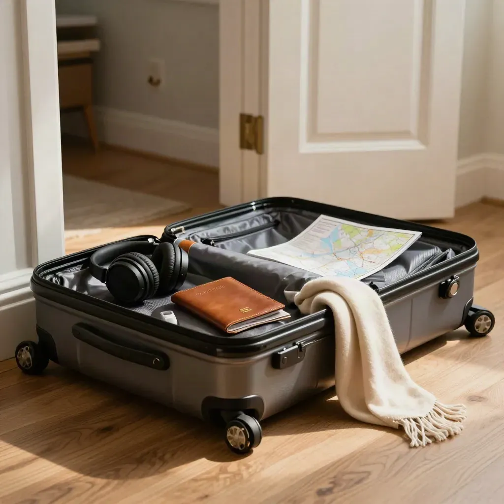 Valise cabine prête près d’une porte, accessoires de voyage et lumière du matin.