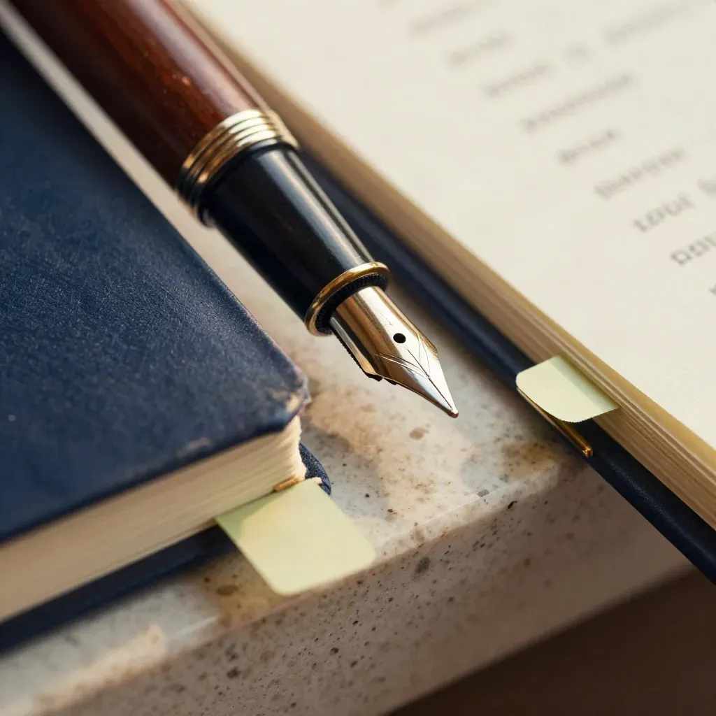 Gros plan d’un stylo plume, d’un carnet bleu et de repères adhésifs sur pierre travertine.
