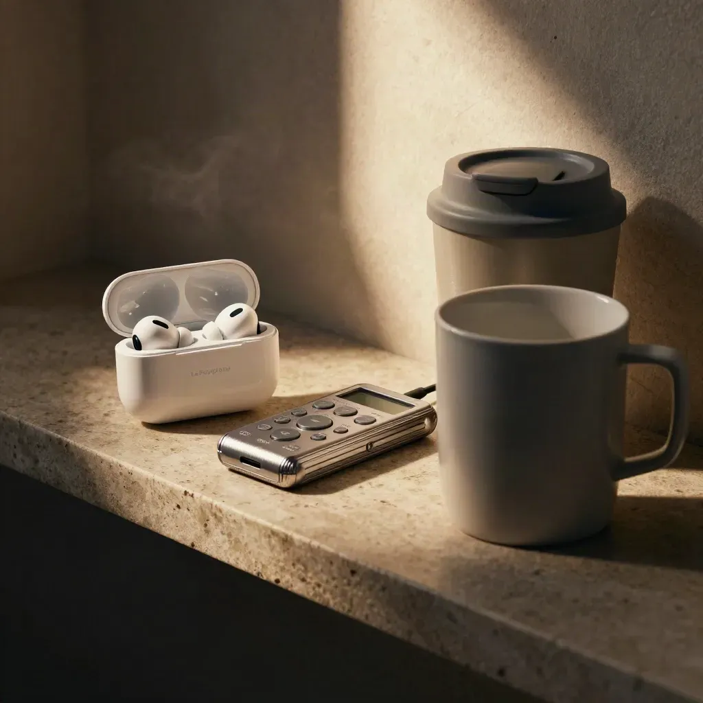 Écouteurs, dictaphone et mug de voyage sur pierre, éclairage dramatique.