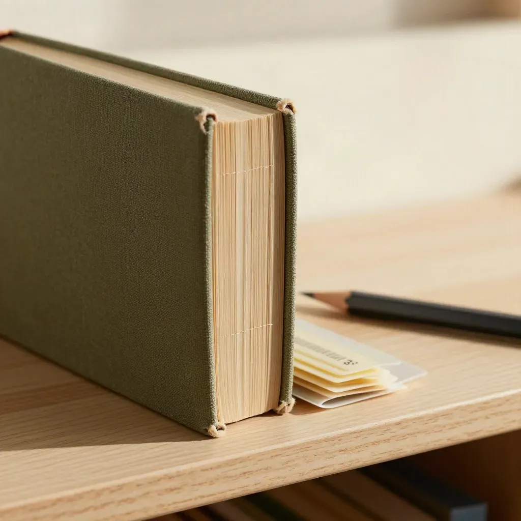 Gros plan d’une reliure usée, d’un crayon et d’onglets d’index sur une étagère de travail.