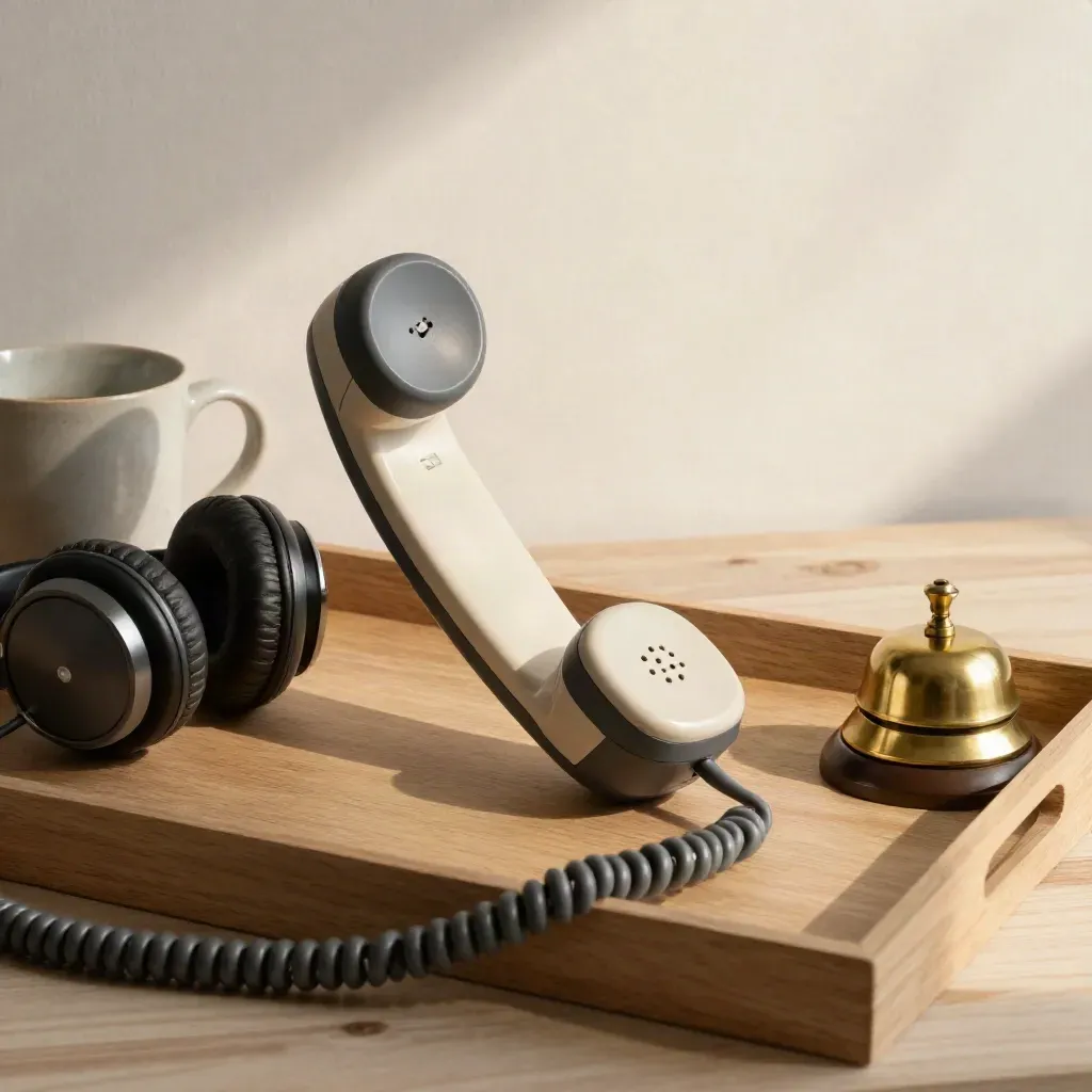 Vue du dessus d’un combiné téléphonique, casque, mug et sonnette sur un plateau en bois clair.
