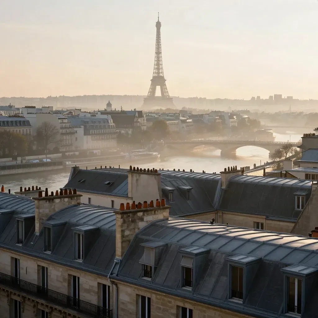Toits de Paris dans la brume avec la Tour Eiffel au loin, lumière de l’aube.