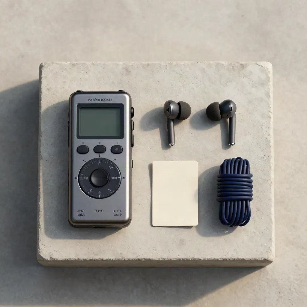 Vue zénithale d’un dictaphone, d’écouteurs et d’un métronome sur pierre claire.