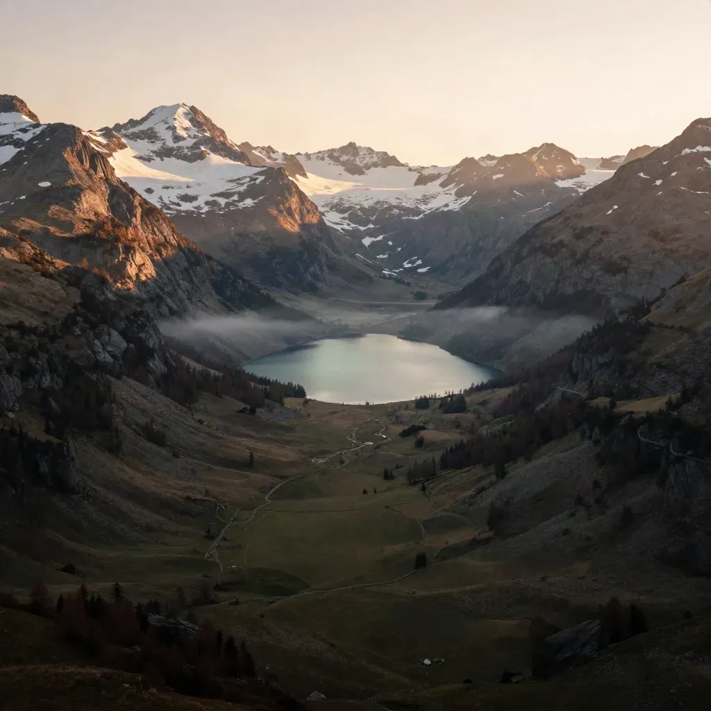 Vallée alpine au coucher du soleil, lac calme au premier plan et sommets enneigés en arrière-plan.